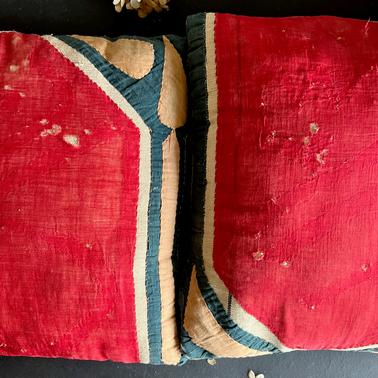 Pair of Pillows with Applied Antique Quilt Decoration