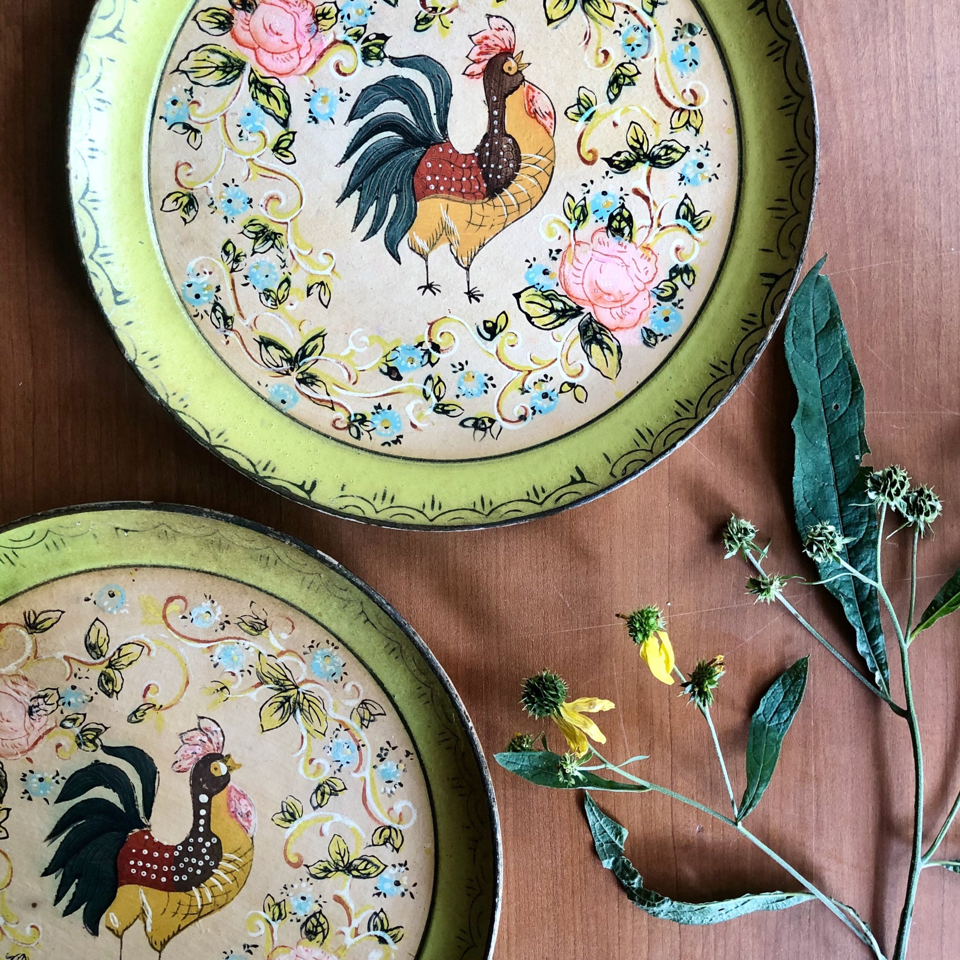 Vintage Paper Mache Plates with Rooster Motif (c.1950s)