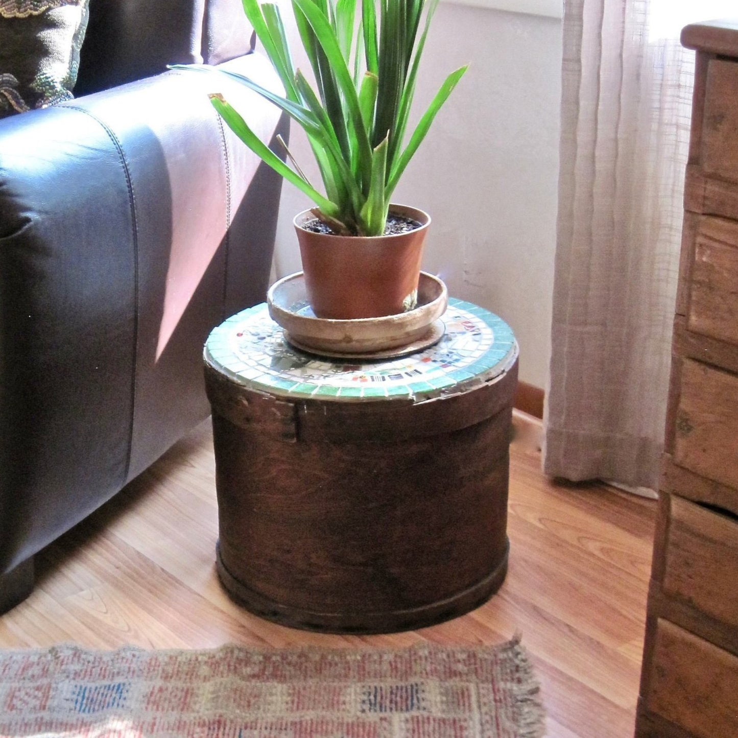 Primitive Round Cheese Box with Mosaic Lid