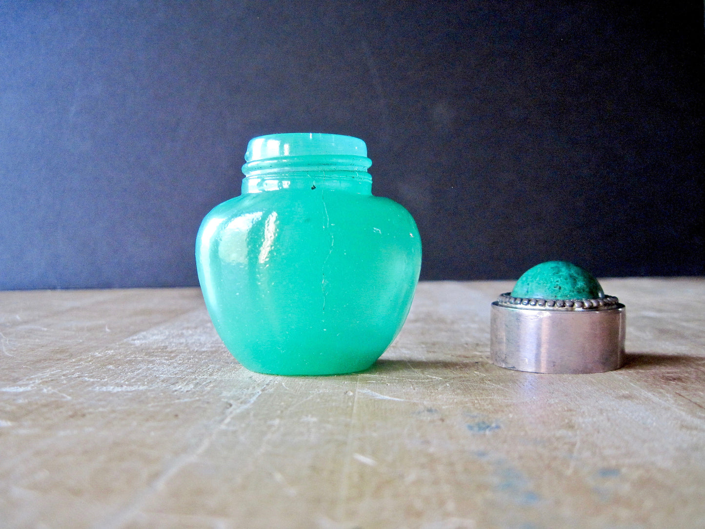 Green Glass Snuff Bottle with Sterling Lid by Apodaca