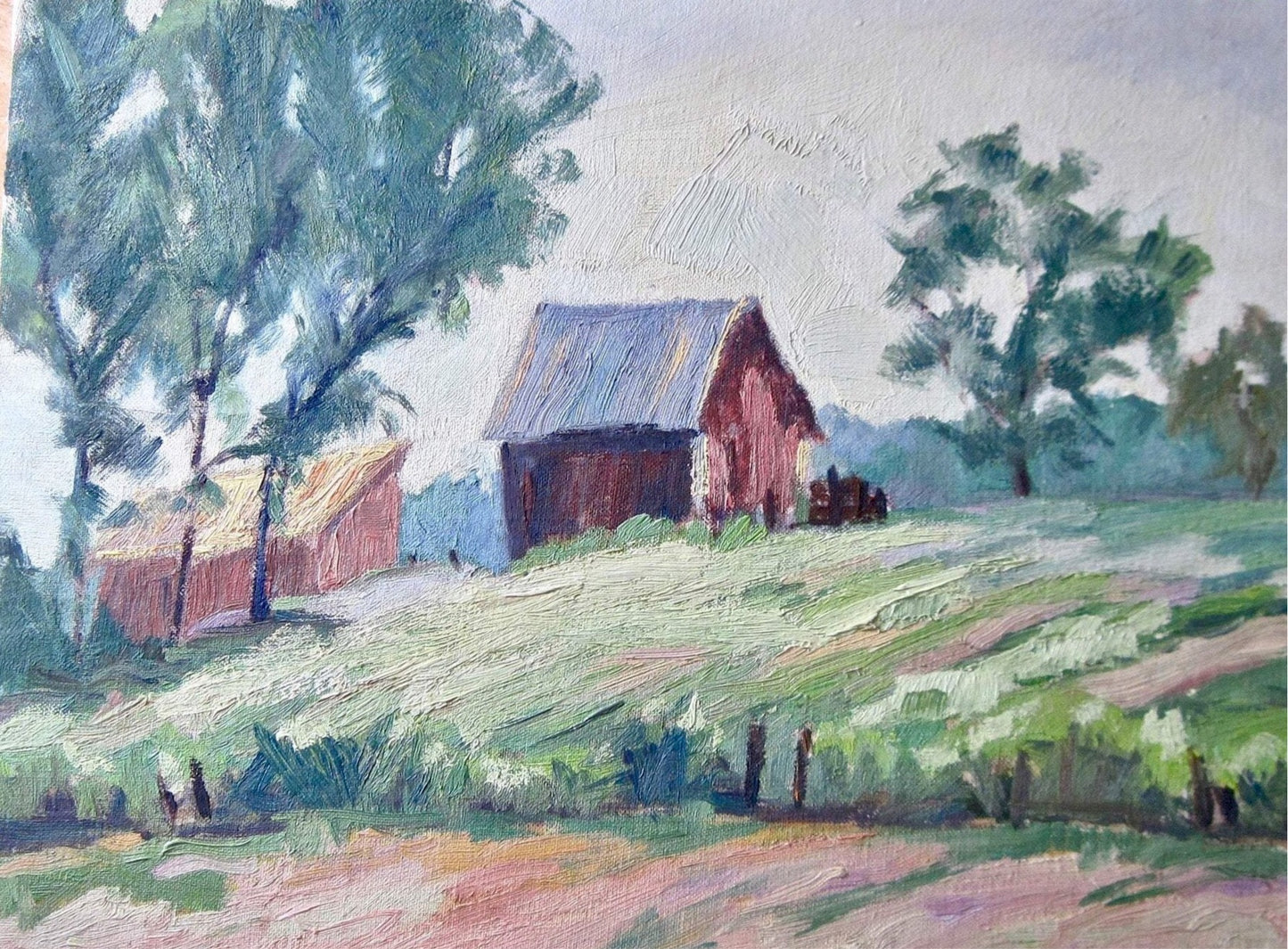 Vintage Oil Painting of Rural Farmstead Landscape by Leah Frandzel