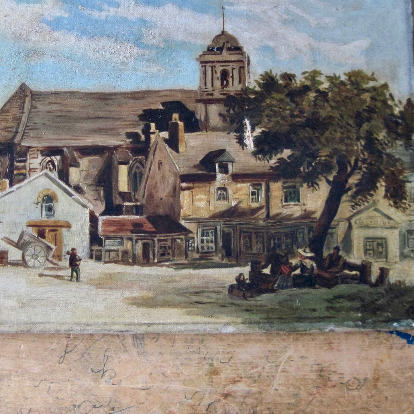 Antique Oil Painting of Village Scene by Florence McCoy (c.1800s)