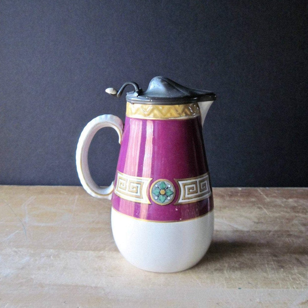 Pink Syrup Pitcher with Pewter Lid (c.1800s)