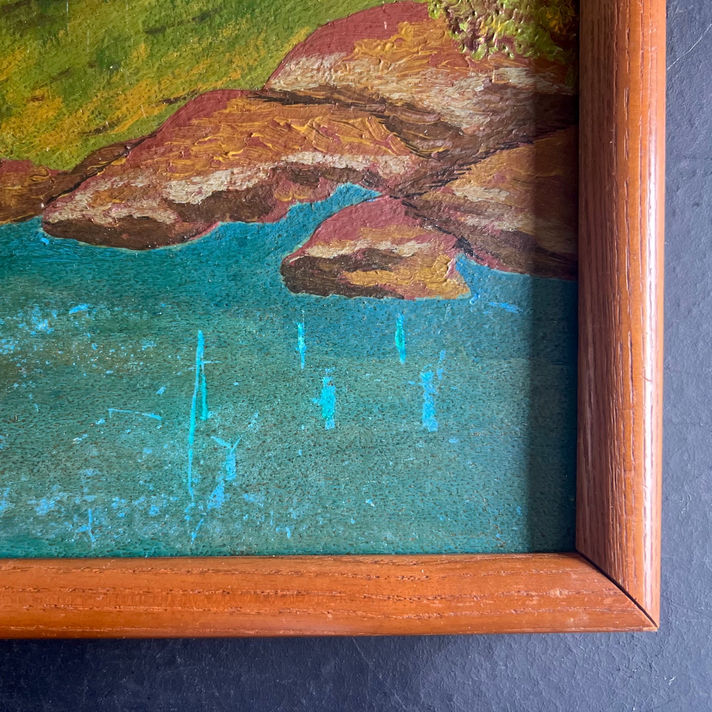 Rustic Folk Art Framed Landscape Painting of Cabin by Mountains