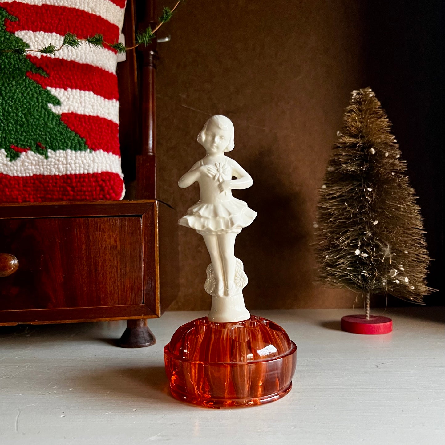 Old Peach Colored Glass Flower Frog with Removable German Ceramic Ballerina