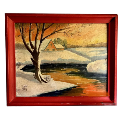 Rustic Winter Landscape Painting with Red Frame (c.1958)