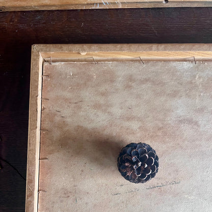 Rustic Folk Art Framed Landscape Painting of Cabin by Mountains