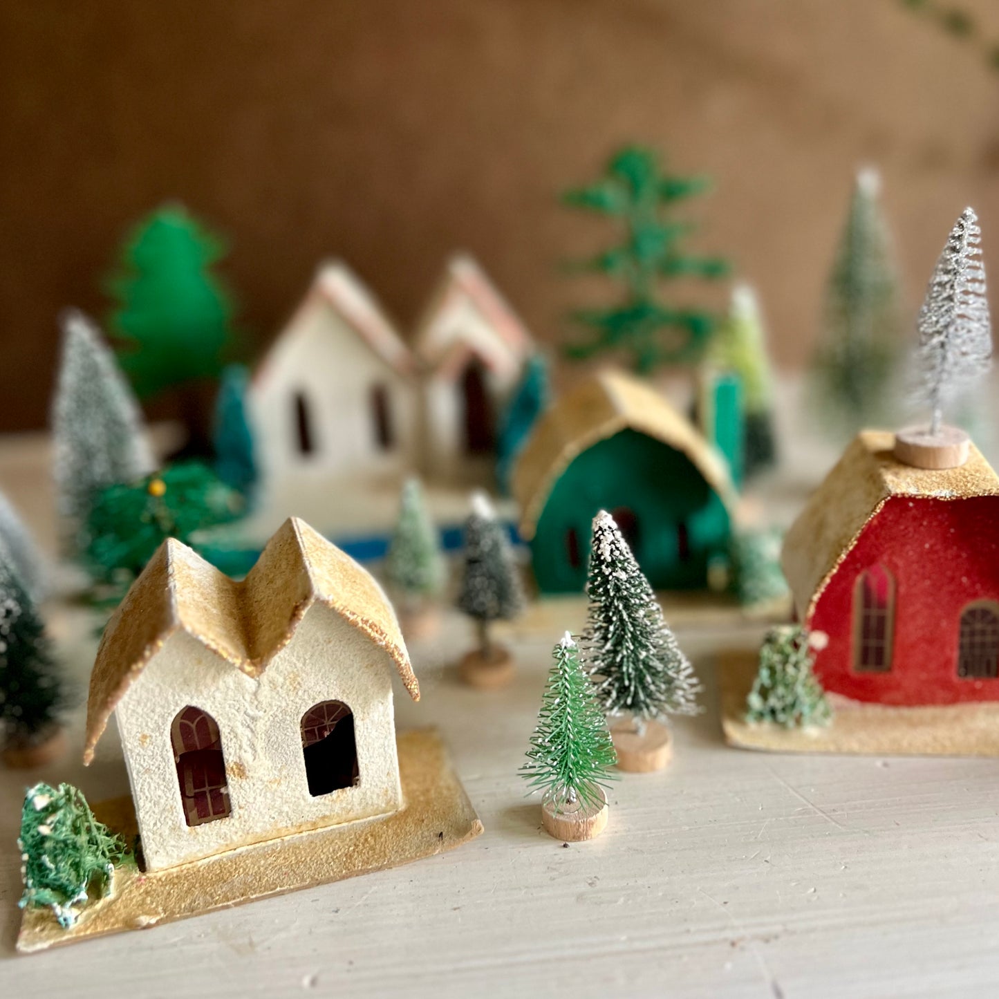 Vintage Putz Village with Houses and Assorted Winter Trees