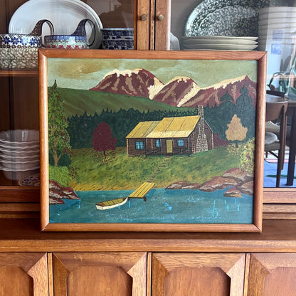 Rustic Folk Art Framed Landscape Painting of Cabin by Mountains