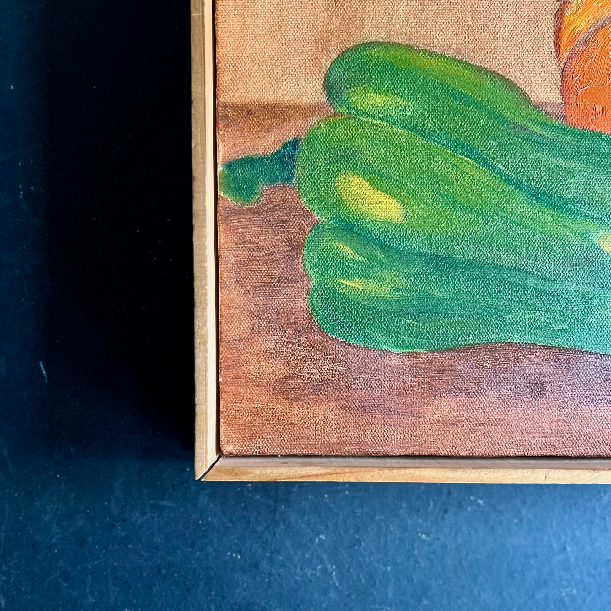Naive Student Painting of Colorful Peppers in Simple Wooden Frame