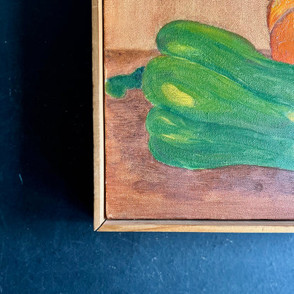 Naive Student Painting of Colorful Peppers in Simple Wooden Frame