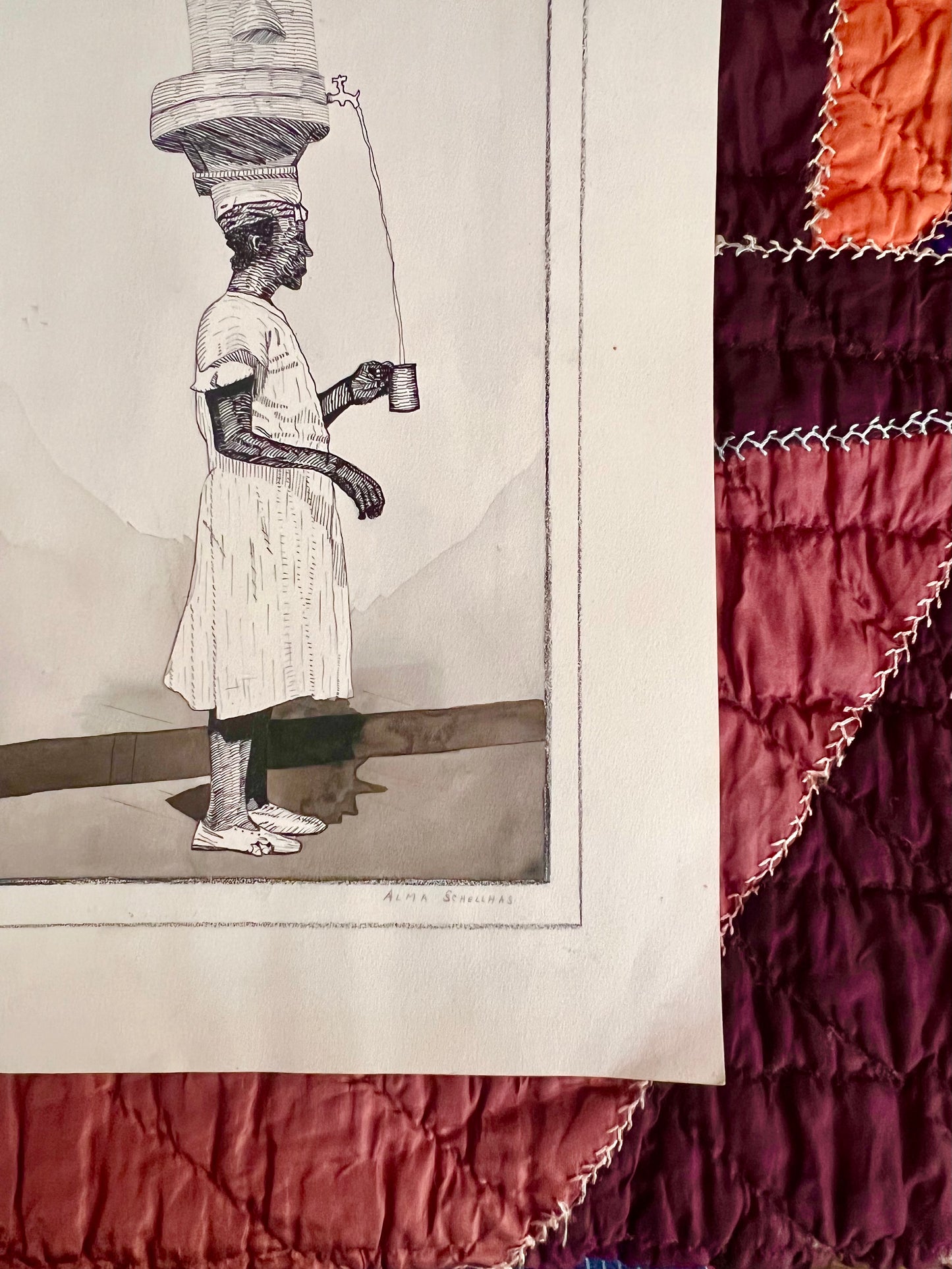 Original Pen & Ink Drawing of Caribbean Mauby Woman, 1941