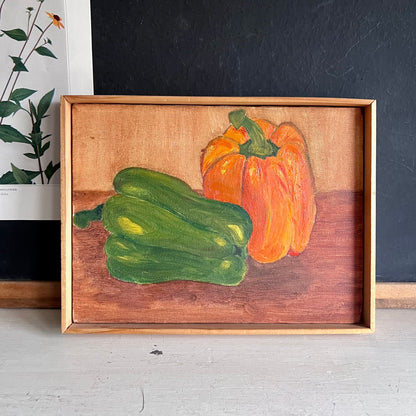 Naive Student Painting of Colorful Peppers in Simple Wooden Frame