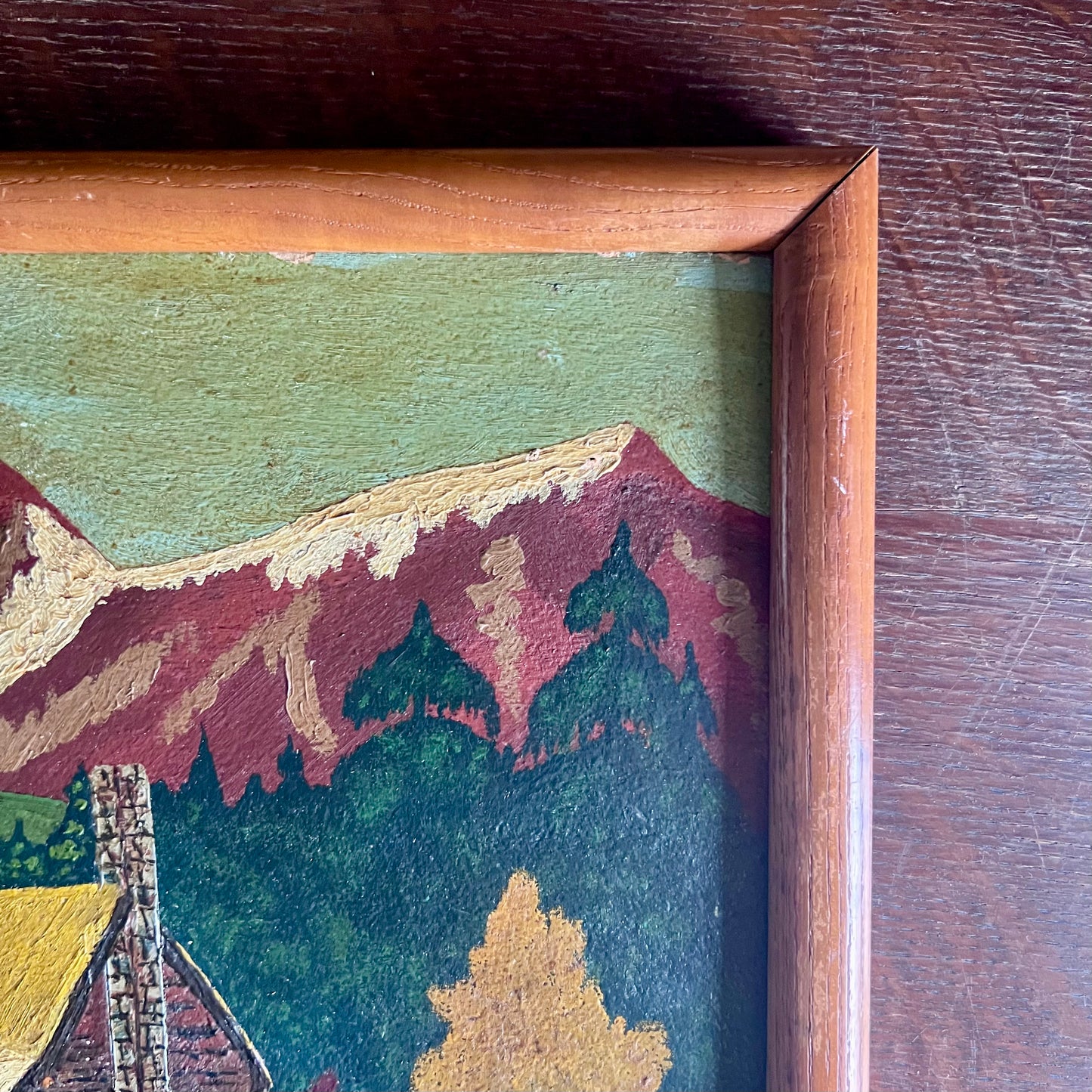Rustic Folk Art Framed Landscape Painting of Cabin by Mountains