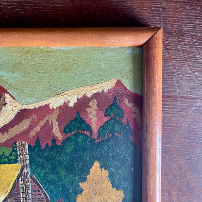 Rustic Folk Art Framed Landscape Painting of Cabin by Mountains