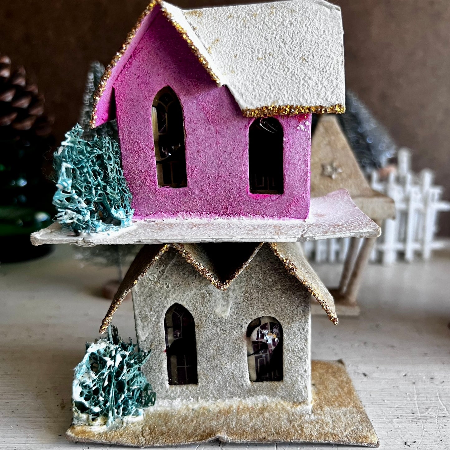 Old Putz Houses with Fence and Bottle Brush Trees