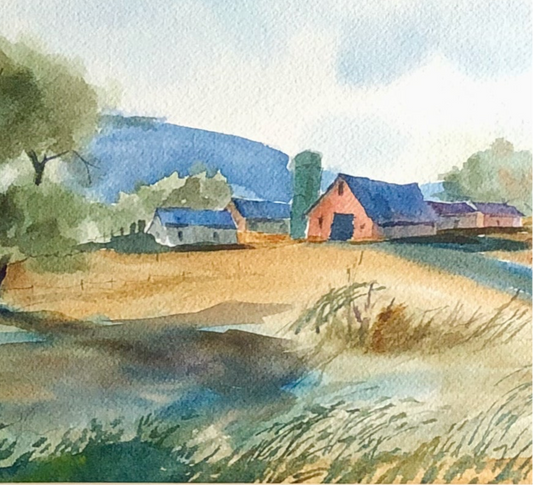 Farm Landscape Watercolor Painting by Druci Gault (late 20th c.)