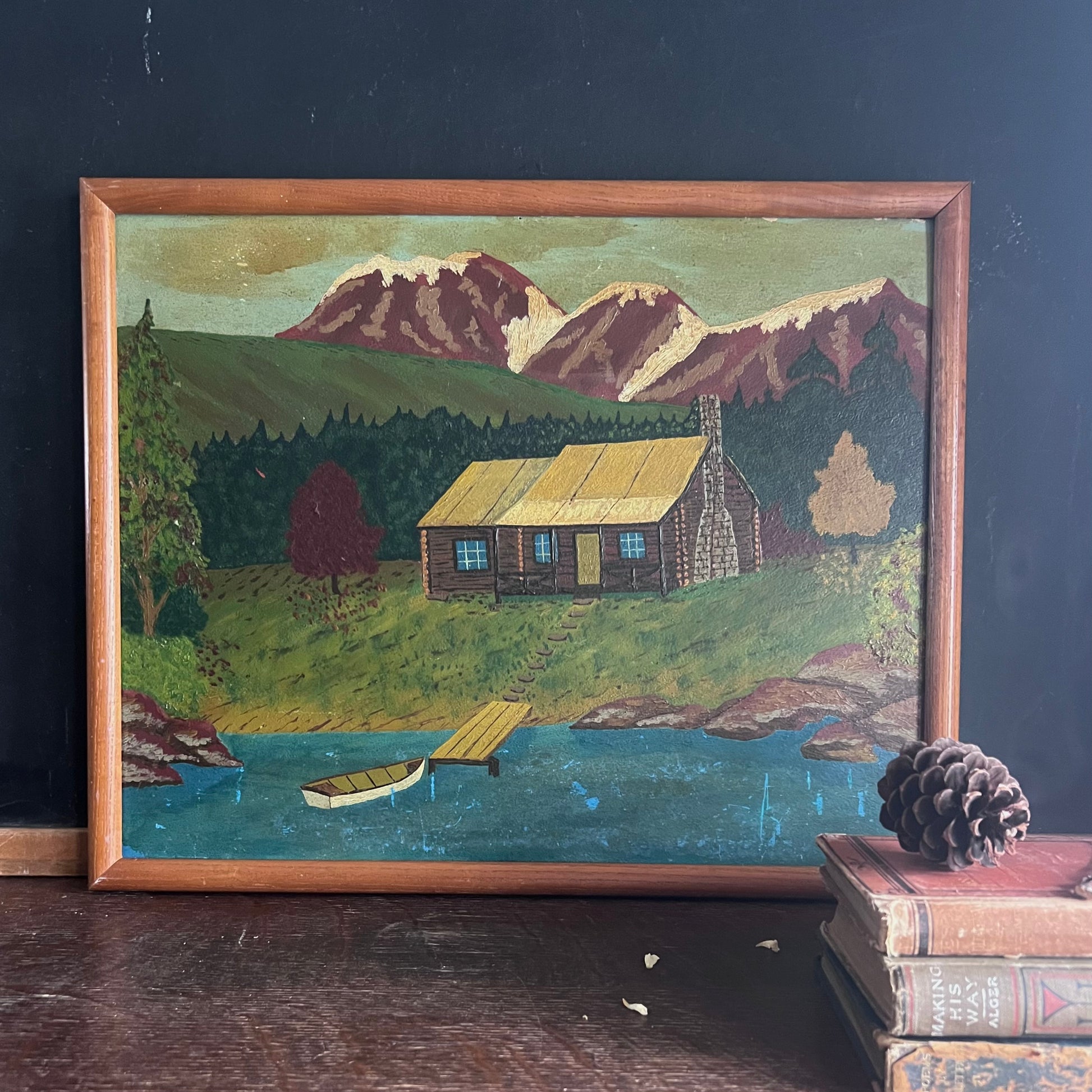 Rustic Folk Art Framed Landscape Painting of Cabin by Mountains