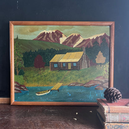 Rustic Folk Art Framed Landscape Painting of Cabin by Mountains