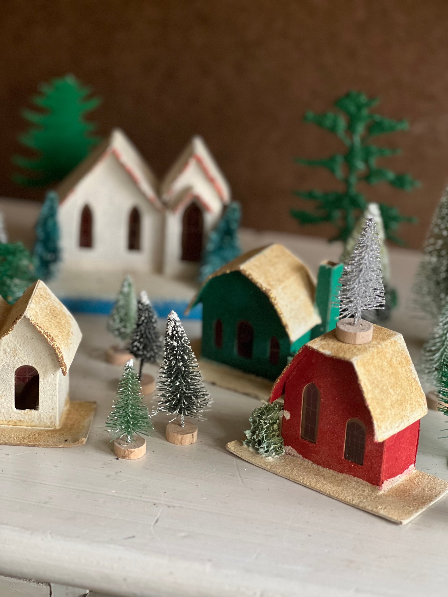 Vintage Putz Village with Houses and Assorted Winter Trees