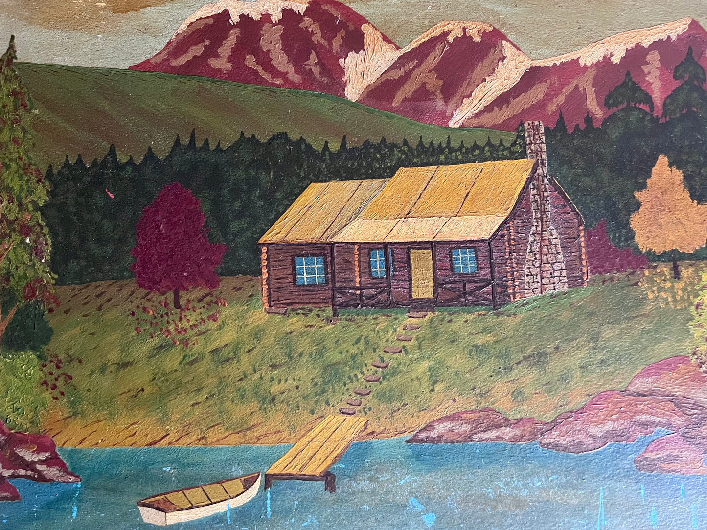 Rustic Folk Art Framed Landscape Painting of Cabin by Mountains