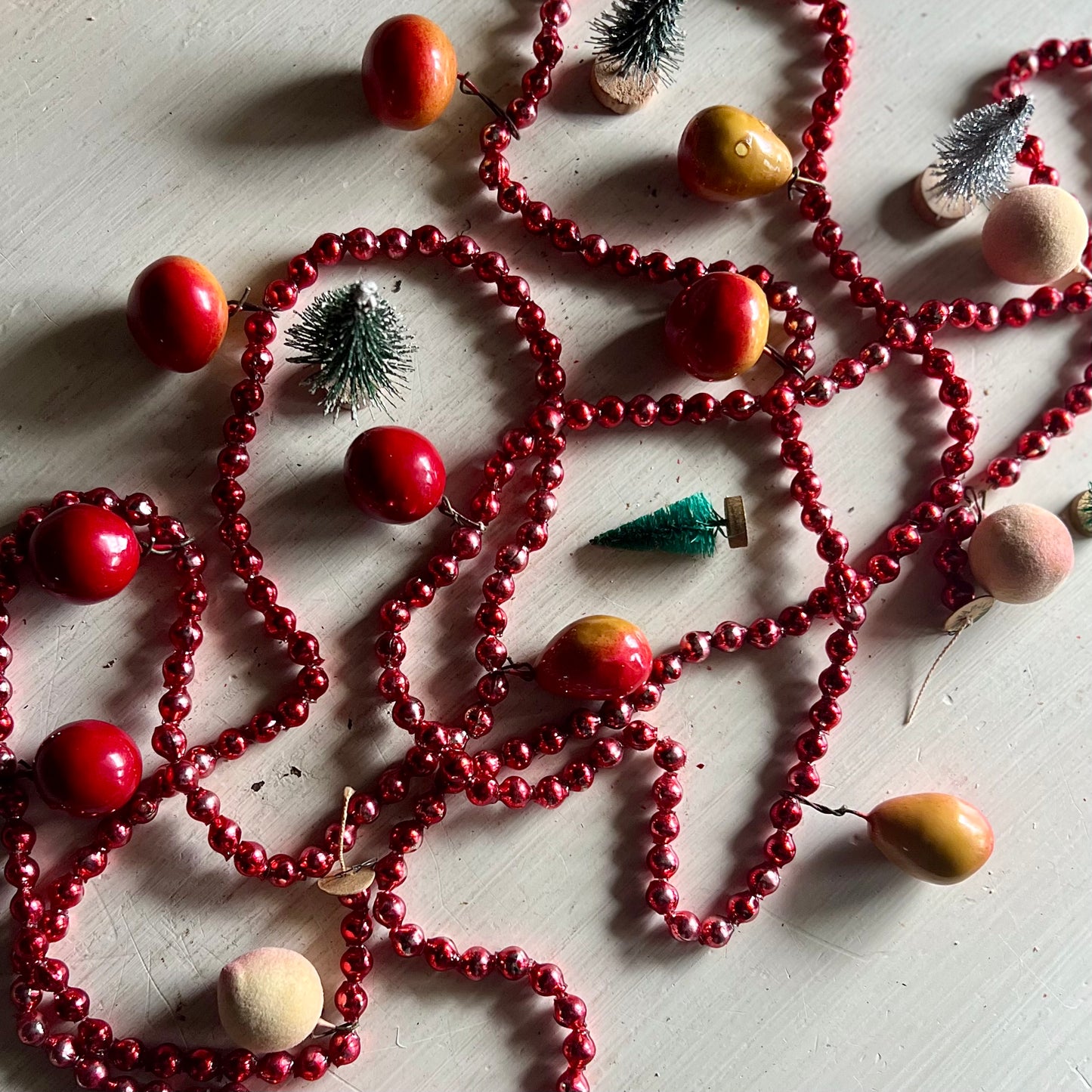 Vintage Mercury Glass Bead Garland with Wooden Fruit