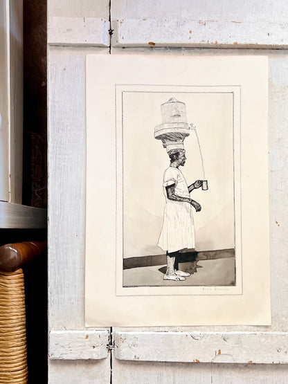 Original Pen & Ink Drawing of Caribbean Mauby Woman, 1941