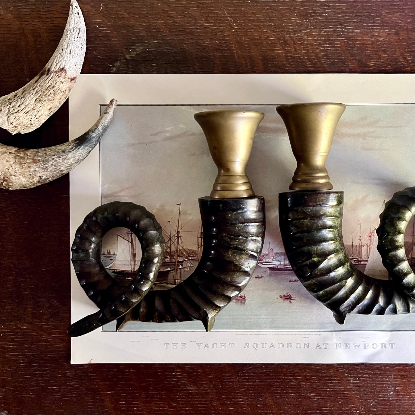 Vintage Brass Rams Horn Candle Holders (c.1970s)