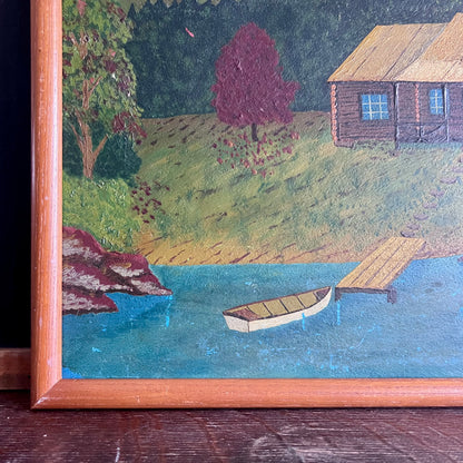 Rustic Folk Art Framed Landscape Painting of Cabin by Mountains