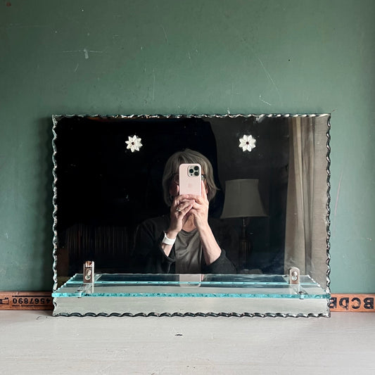 Vintage Piecrust Scalloped Edge Wall Mirror with Attached Shelf