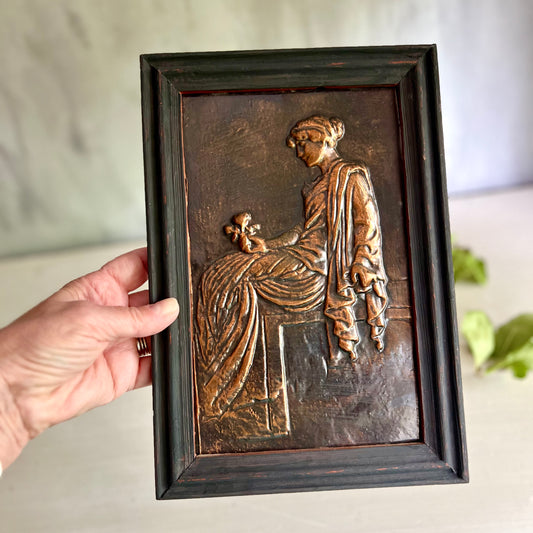 Framed Copper Repousse of Juliet Holding Flower