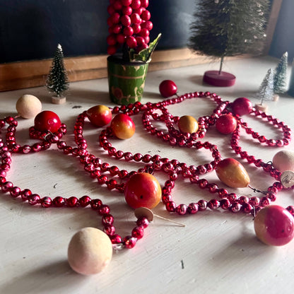 Vintage Mercury Glass Bead Garland with Wooden Fruit