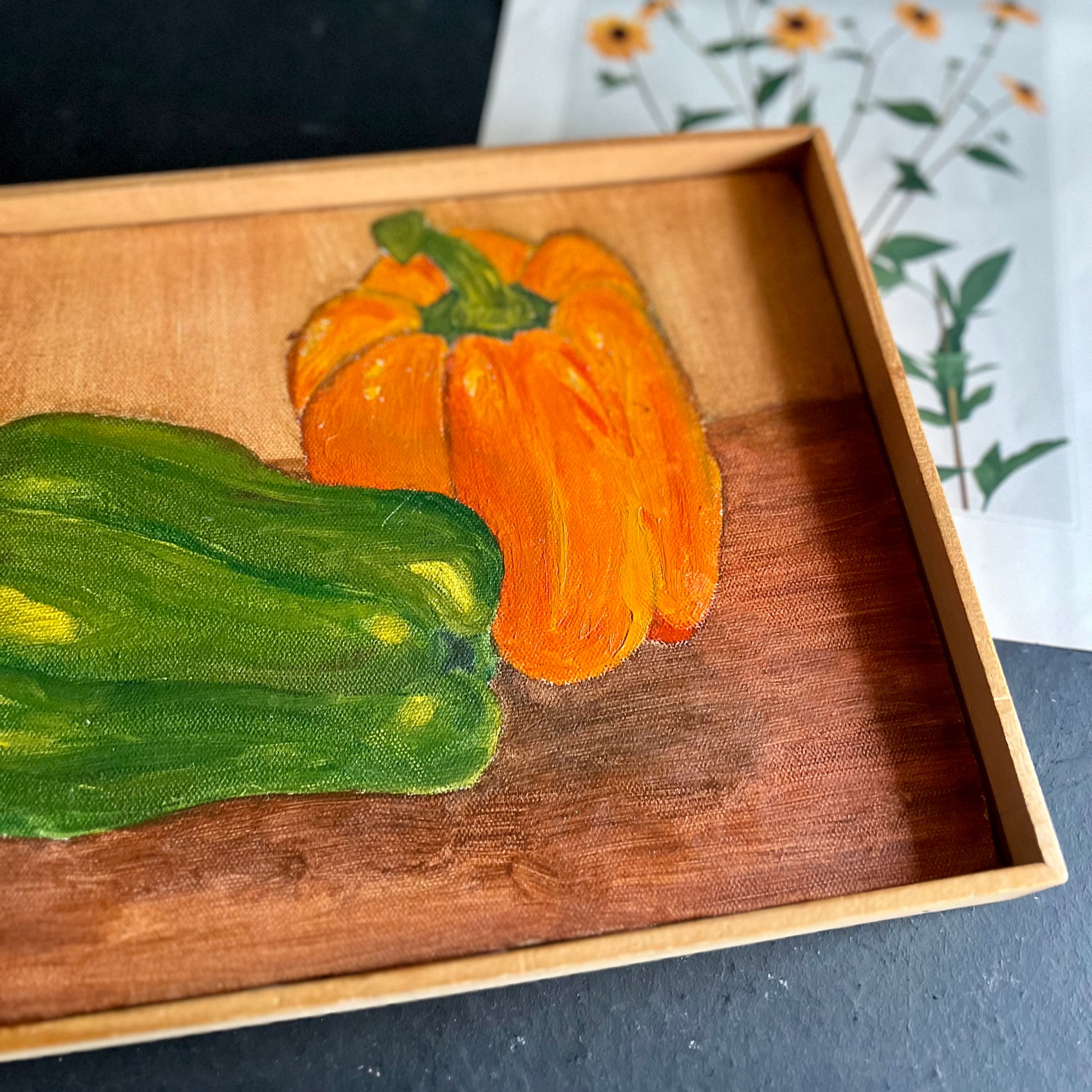 Naive Student Painting of Colorful Peppers in Simple Wooden Frame