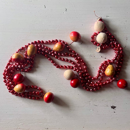 Vintage Mercury Glass Bead Garland with Wooden Fruit