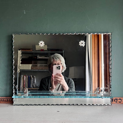 Vintage Piecrust Scalloped Edge Wall Mirror with Attached Shelf