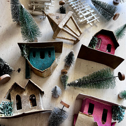 Old Putz Houses with Fence and Bottle Brush Trees