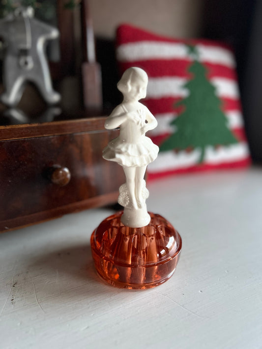 Old Peach Colored Glass Flower Frog with Removable German Ceramic Ballerina