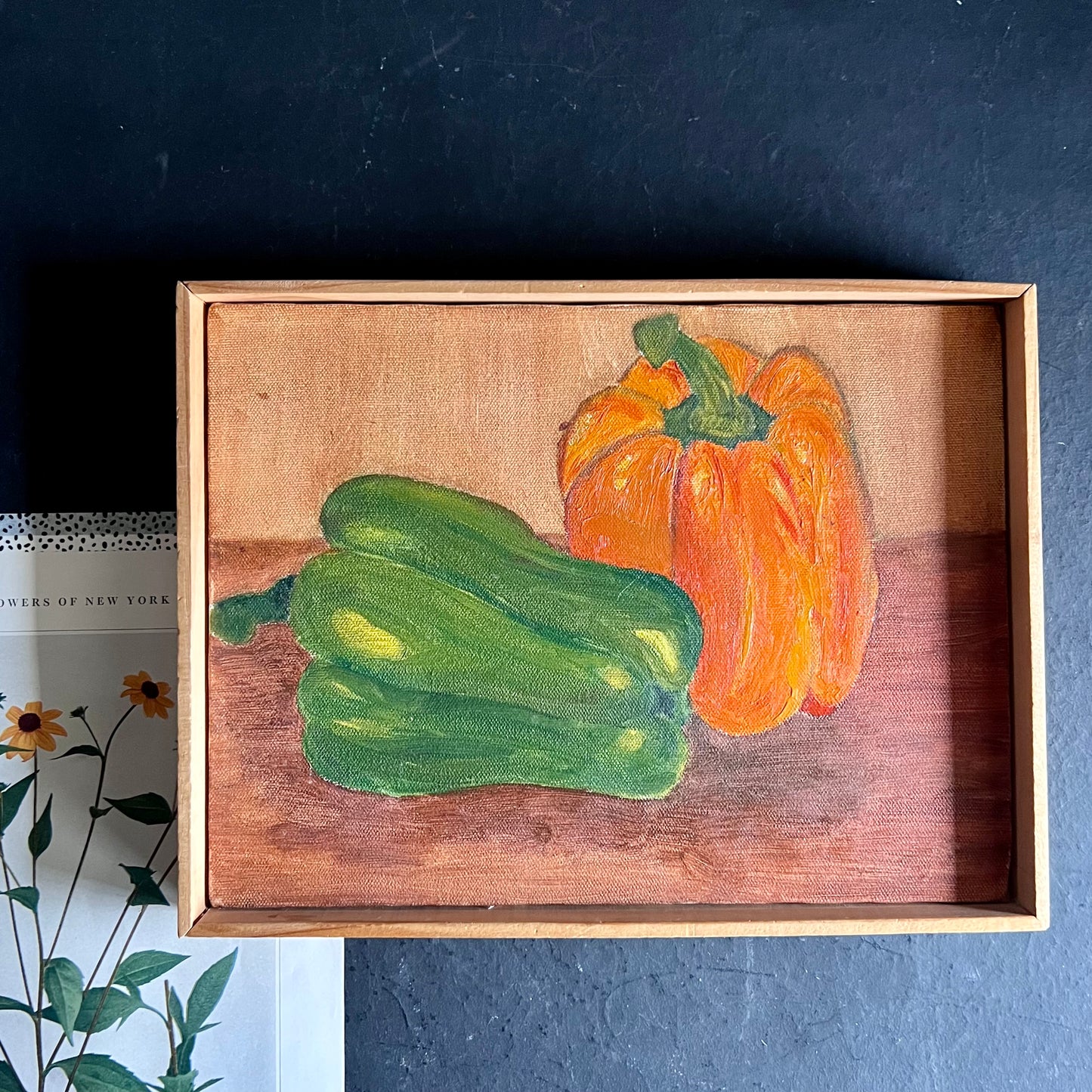 Naive Student Painting of Colorful Peppers in Simple Wooden Frame