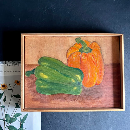Naive Student Painting of Colorful Peppers in Simple Wooden Frame