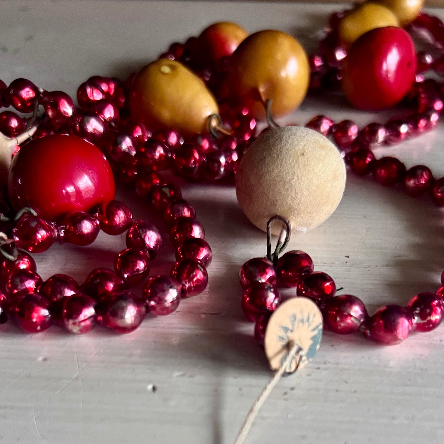 Vintage Mercury Glass Bead Garland with Wooden Fruit