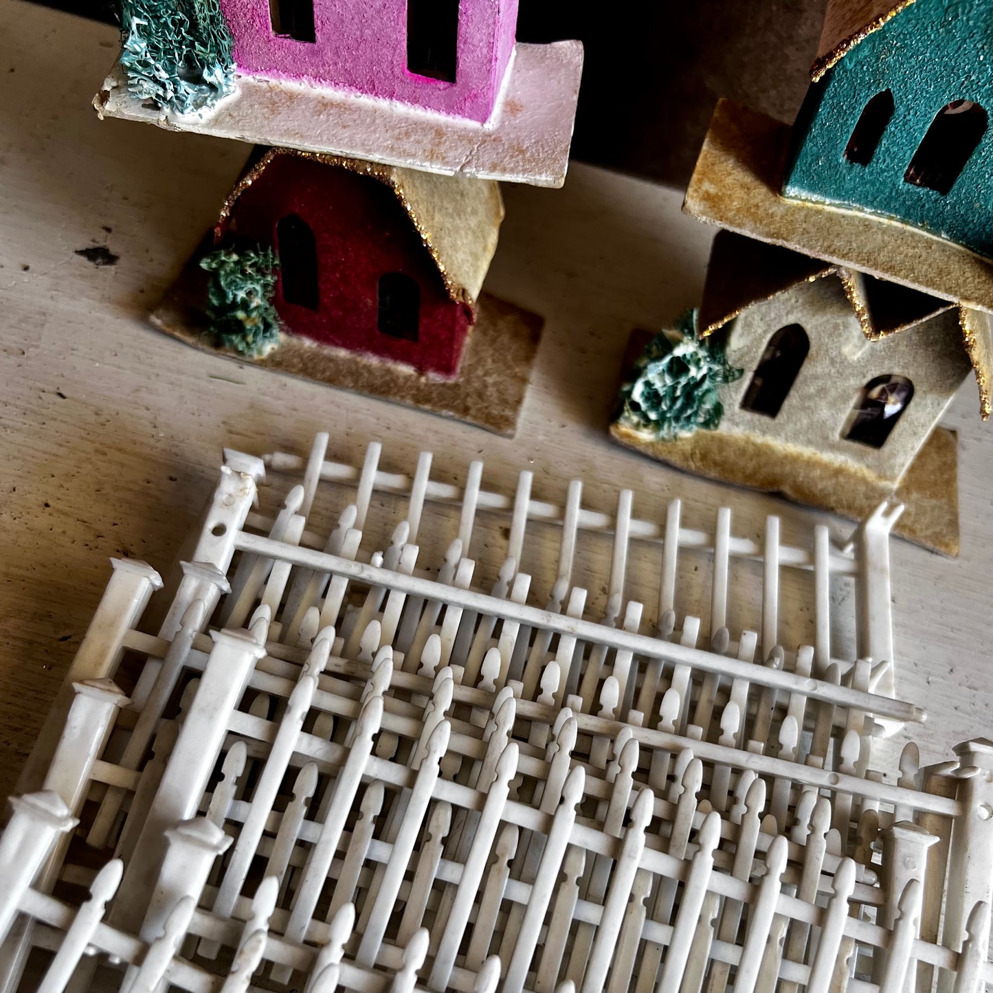 Old Putz Houses with Fence and Bottle Brush Trees