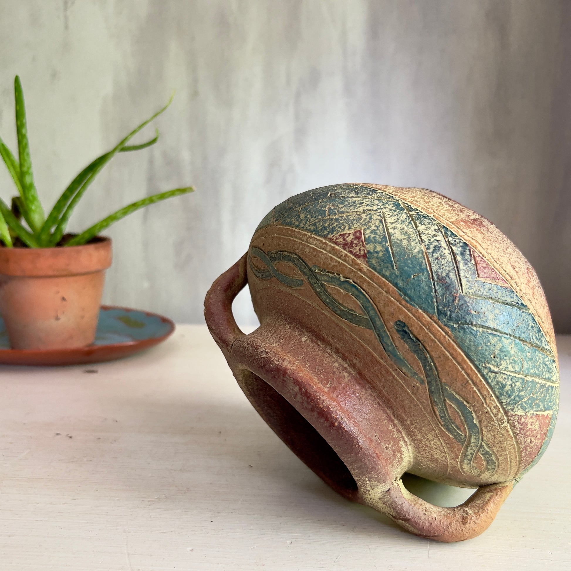 southwestern plant pots Vintage Decorated Southwestern Clay Pot with Handles
