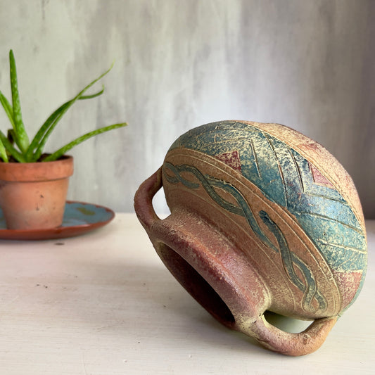 Vintage Decorated Southwestern Clay Pot with Handles