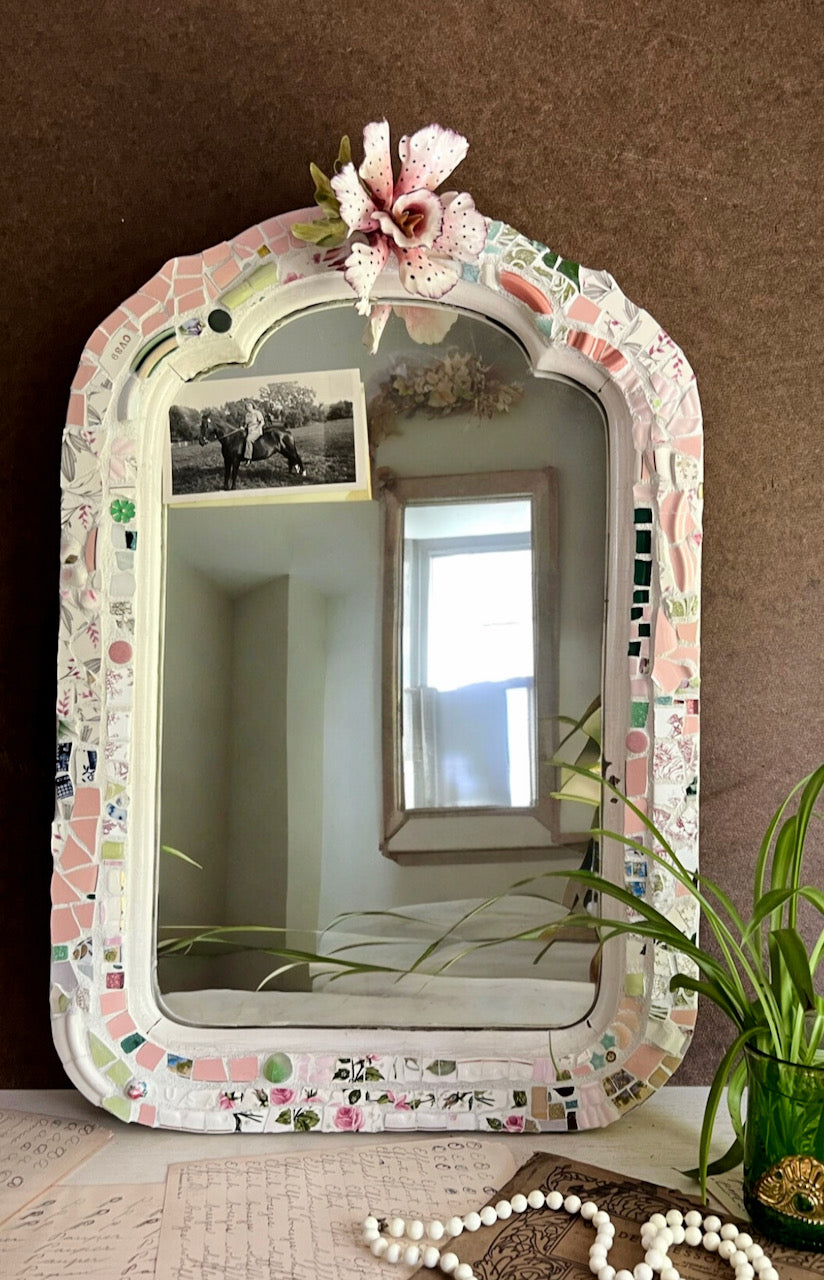 Pink Floral Mosaic on Antique Mirror