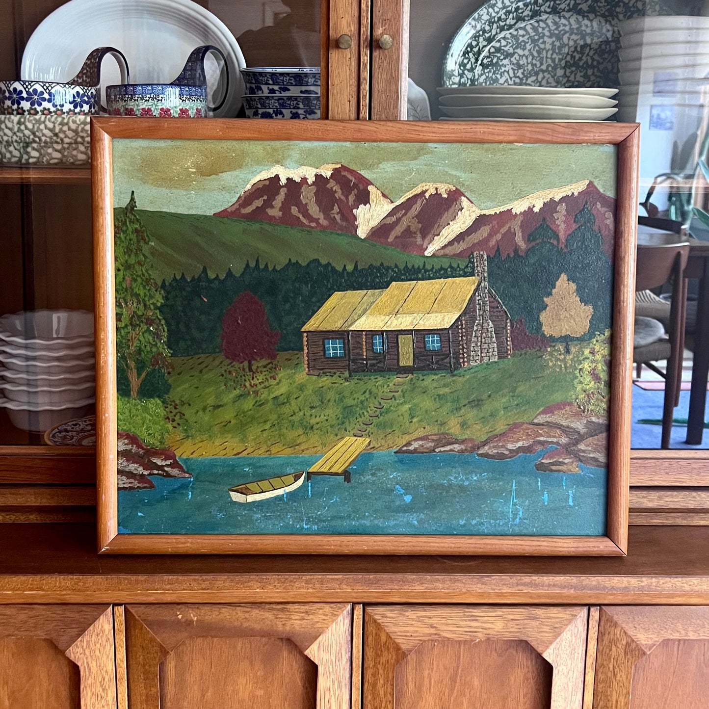 Rustic Folk Art Framed Landscape Painting of Cabin by Mountains