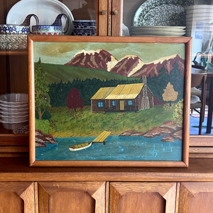 Rustic Folk Art Framed Landscape Painting of Cabin by Mountains
