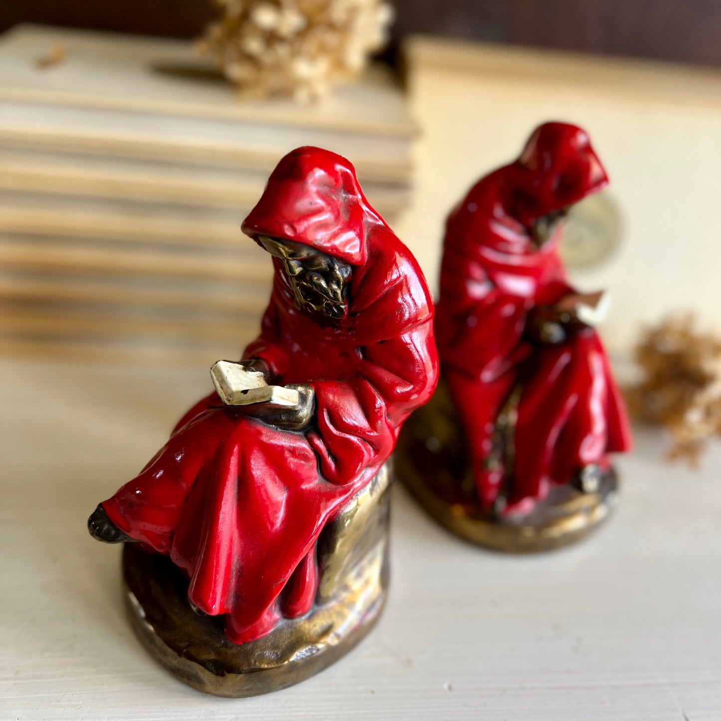 Vintage Bronze Reading Monks Figural Bookends