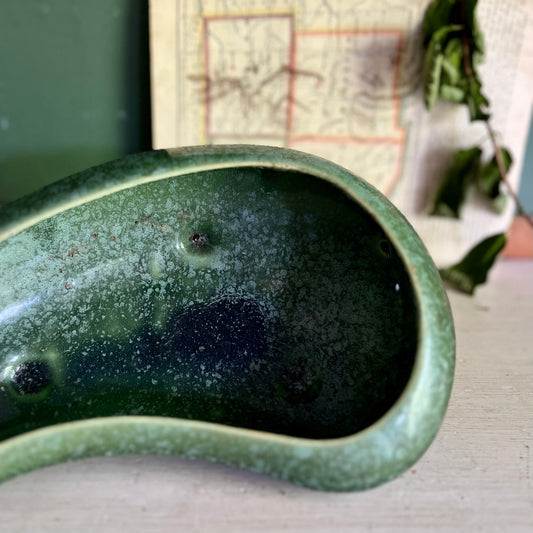 Brush Pottery Kidney Shaped Green Speckle Low Bowl Planter