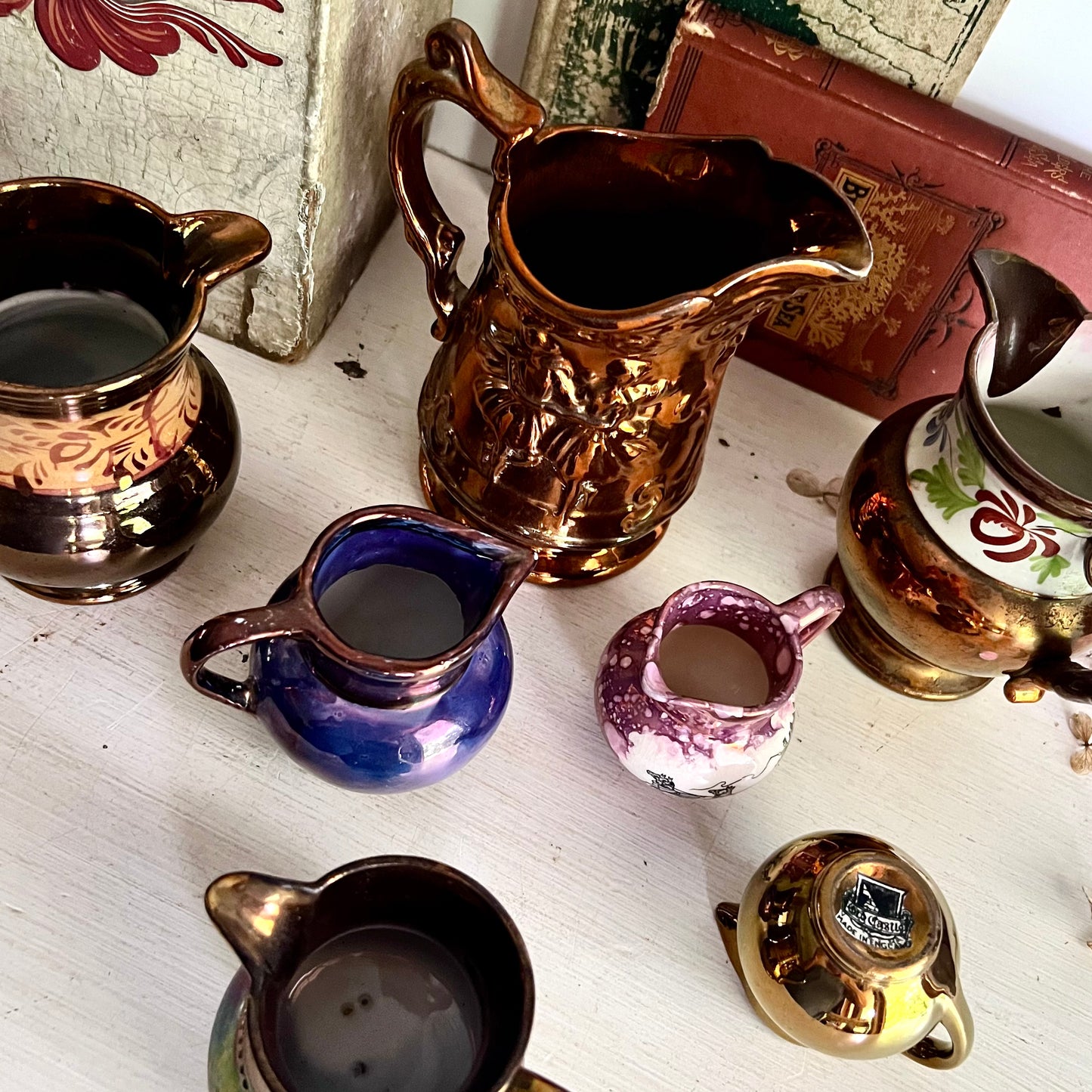 Antique English Lustreware Pitcher Collection, Set of Seven