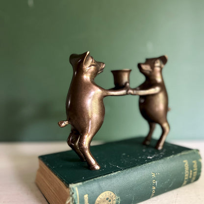 Whimsical Vintage Bronze Pigs Candle Holder